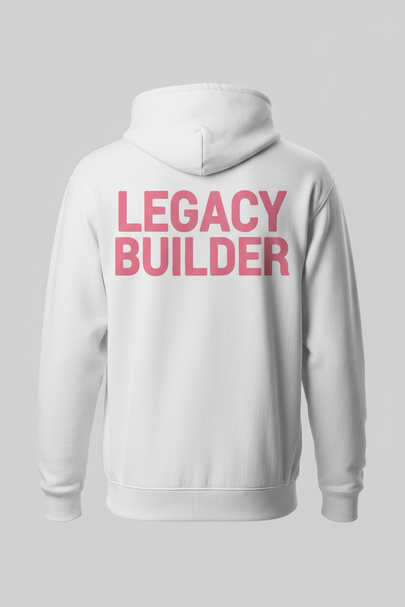 Men's White Zip-Up Hoodie with Pink LEGACY BUILDER Text