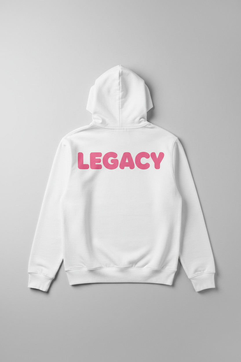 White Hoodie Back with Pink LEGACY Text