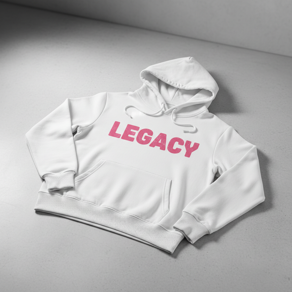 White LEGACY Hoodie with Pink Text